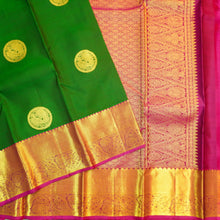 Load image into Gallery viewer, Bottle green Kanchipuram silk saree with magenta border, rich gold zari pallu, and round zari motifs – traditional South Indian wedding saree from Vivaaha Silks.