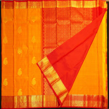 Load image into Gallery viewer, Mango yellow Kanchipuram silk saree with gold zari mango butta motifs, traditional red border, and rich pallu – bridal silk saree by Vivaaha Silks.
