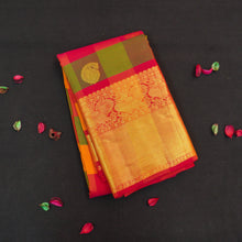 Load image into Gallery viewer, Classic Palum Pazham Kattam Kanchipuram silk saree from Vivaaha Silks with mango and thilagam butta, annam motif border, and rich red zari pallu.