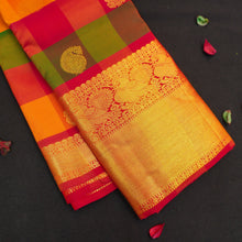 Load image into Gallery viewer, Classic Palum Pazham Kattam Kanchipuram silk saree from Vivaaha Silks with mango and thilagam butta, annam motif border, and rich red zari pallu.