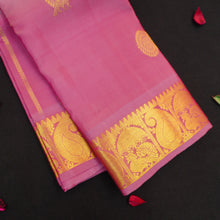 Load image into Gallery viewer, Baby pink Kanchipuram silk saree from Vivaaha Silks budget collection with golden annam and chakaram butta, rich zari pallu and traditional border.