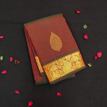 Load image into Gallery viewer, Manthulir short color Kanchipuram silk saree from Vivaaha Silks budget collection featuring golden thilagam buttas and rich zari pallu with traditional border.