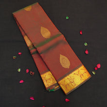 Load image into Gallery viewer, Manthulir short color Kanchipuram silk saree from Vivaaha Silks budget collection featuring golden thilagam buttas and rich zari pallu with traditional border.