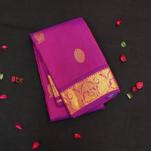 Load image into Gallery viewer, Vadamalli violet Kanchipuram silk saree from Vivaaha Silks budget collection featuring gold annam and chakaram butta with a rich traditional gold zari pallu.