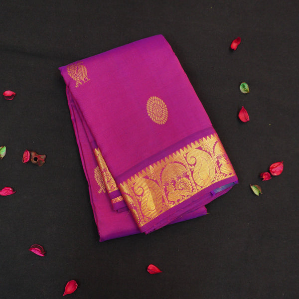 Vadamalli violet Kanchipuram silk saree from Vivaaha Silks budget collection featuring gold annam and chakaram butta with a rich traditional gold zari pallu.