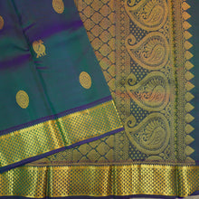 Load image into Gallery viewer, Peacock blue Kanchipuram silk saree from Vivaaha Silks budget collection featuring gold annam and chakaram butta, and a grand zari pallu with paisley and diamond motifs.