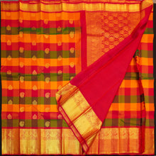 Load image into Gallery viewer, Classic Palum Pazham Kattam Kanchipuram silk saree from Vivaaha Silks with mango and thilagam butta, annam motif border, and rich red zari pallu.