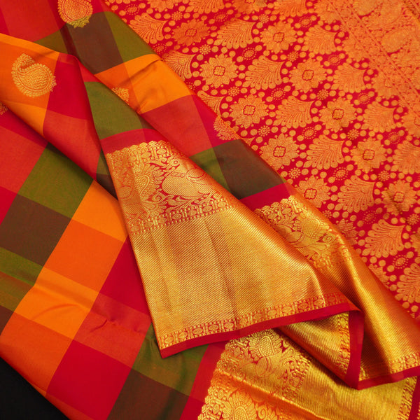 Classic Palum Pazham Kattam Kanchipuram silk saree from Vivaaha Silks with mango and thilagam butta, annam motif border, and rich red zari pallu.