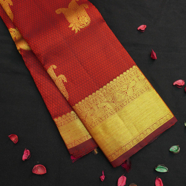 Wine Red Samudrika Kanchipuram Silk Saree with Gold Zari Butta - Vivaaha Silks & Sarees