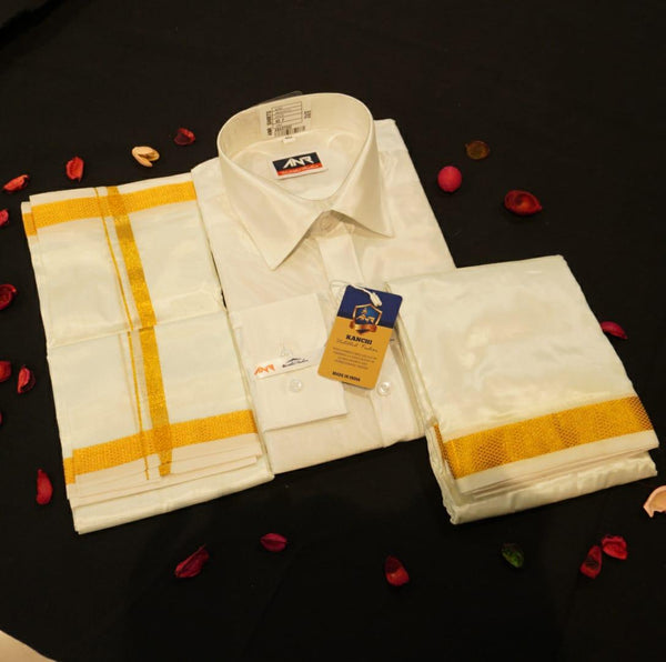 Cream Color Kanchipuram Dhoti & Shirts with Angavastram - Vivaaha Silks & Sarees