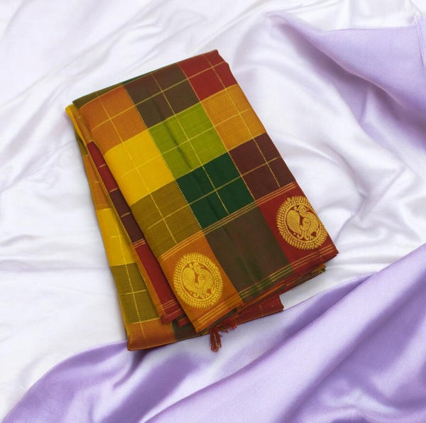 Palum Pazhamum Kanchipuram Silk Saree with Gold Zari Checks and Peacock Motifs - Vivaaha Silks & Sarees