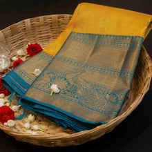 Load image into Gallery viewer, Yellow Teal Blue Korvai Border Bridal Kanchipuram Silk Saree - Vivaaha Silks & Sarees