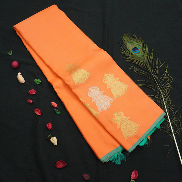 Borderless Kanchipuram Silk Saree in Orange with Gold & Silver Zari Butta - Vivaaha Silks & Sarees