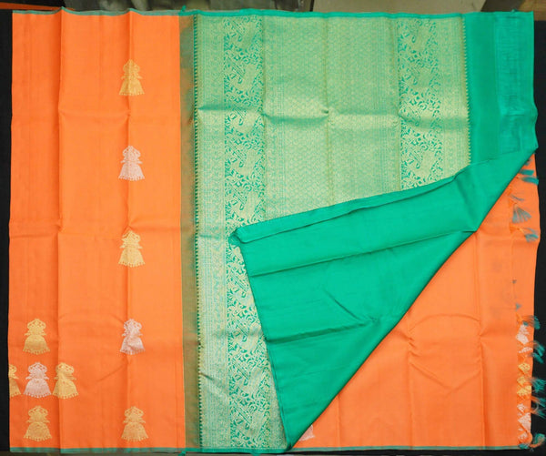 Borderless Kanchipuram Silk Saree in Orange with Gold & Silver Zari Butta - Vivaaha Silks & Sarees