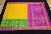 Load image into Gallery viewer, Pochampally Ikkat Soft Silk Saree in Yellow and Pink with Gold Zari Border - Vivaaha Silks & Sarees