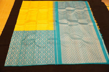 Load image into Gallery viewer, Exclusive Half & Half Kanchipuram Silk Saree in Yellow with Teal Green Silver Zari Combo - Vivaaha Silks & Sarees