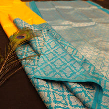 Load image into Gallery viewer, Exclusive Half & Half Kanchipuram Silk Saree in Yellow with Teal Green Silver Zari Combo - Vivaaha Silks & Sarees
