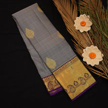 Load image into Gallery viewer, Grey Kanchipuram Silk Saree | Purple Border & Pallu - Vivaaha Silks & Sarees