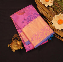Load image into Gallery viewer, Floral Symphony: Pink and Blue Printed Kanchipuram Silk Saree - Vivaaha Silks & Sarees