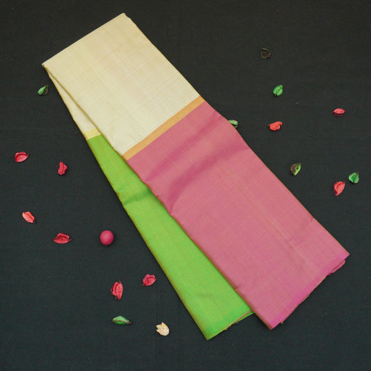 Tri-Color Mubbagam Kanjivaram Silk Saree with Pink Pallu - Vivaaha Silks & Sarees