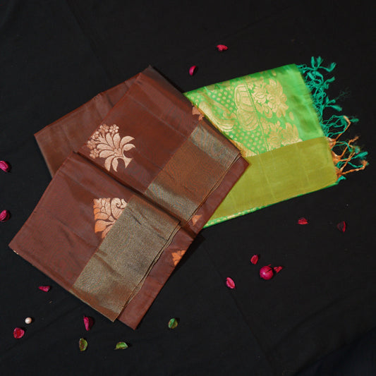 Chocolate Brown Kanchipuram Soft Silk Saree with Green Pallu - Vivaaha Silks & Sarees