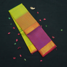 Load image into Gallery viewer, Parrot Green Kanchipuram Silk Saree with Violet & Pink Borders - Vivaaha Silks & Sarees