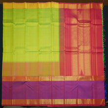 Load image into Gallery viewer, Parrot Green Kanchipuram Silk Saree with Violet & Pink Borders - Vivaaha Silks & Sarees