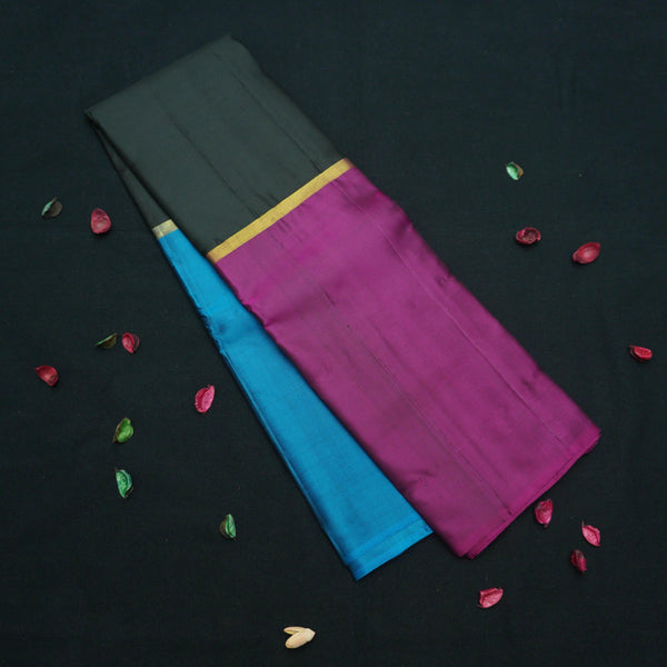 Black Mubbagam Kanchipuram Silk Saree with Megenta and Anandha Blue Accents