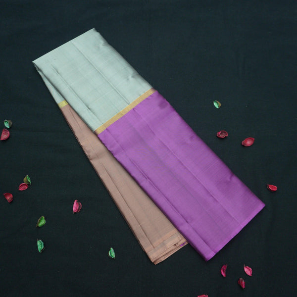 Steel Gray Mubbagam Kanchipuram Silk Saree with Purple and Choco Brown Accents
