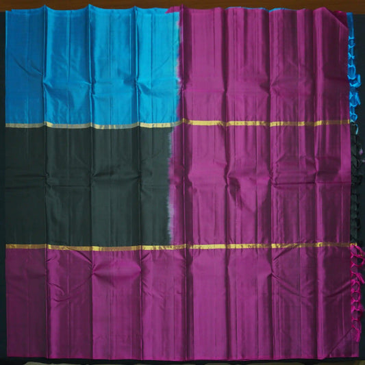 Black Mubbagam Kanchipuram Silk Saree with Megenta and Anandha Blue Accents - Vivaaha Silks & Sarees