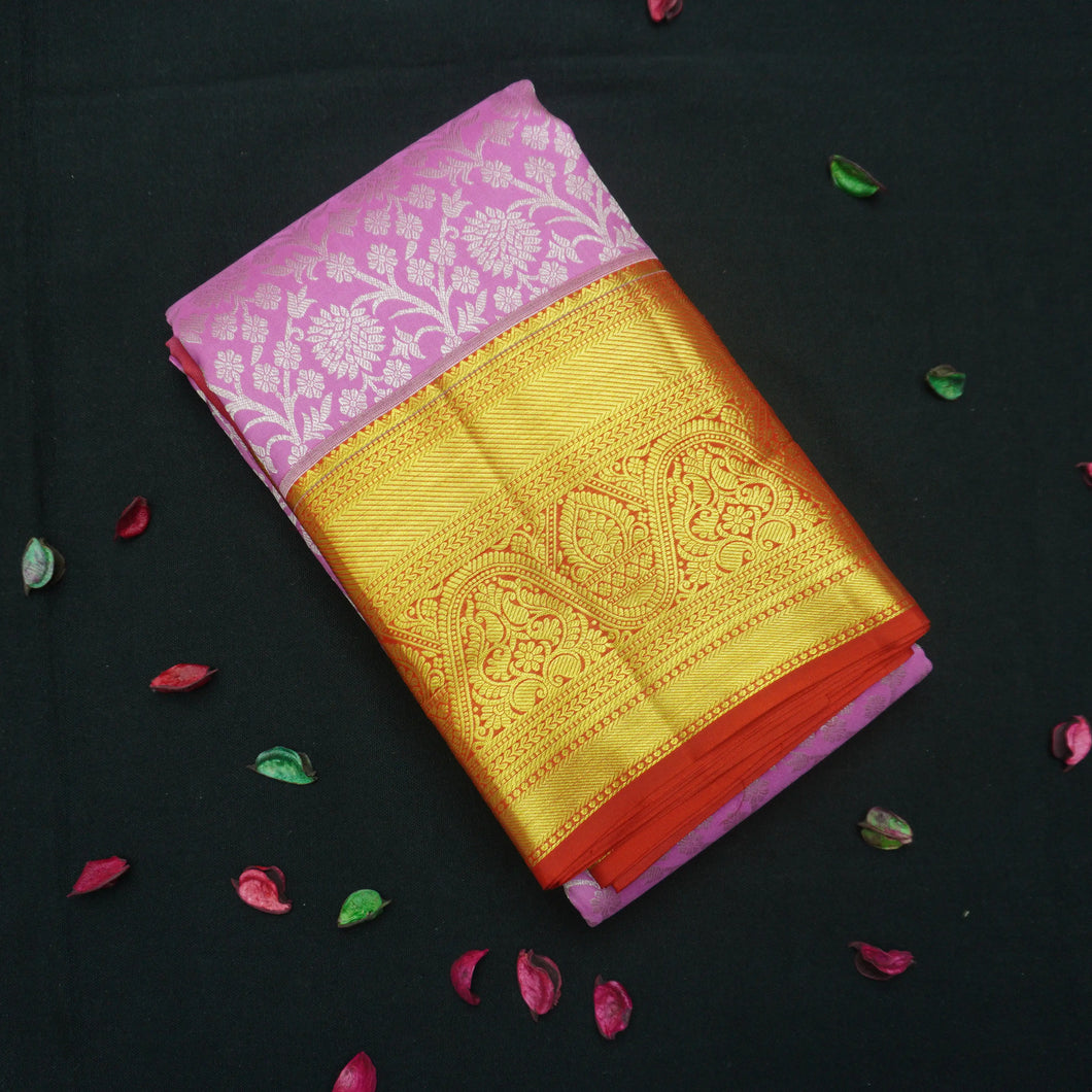 Pastel Pink Bridal Kanchipuram Silk Saree with Red Korvai Border - Vivaaha Silks & Sarees