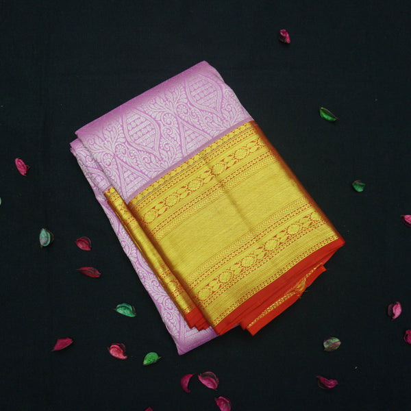 Baby Pink Traditional Kanchipuram Silk Saree with Red Korvai Border - Vivaaha Silks & Sarees