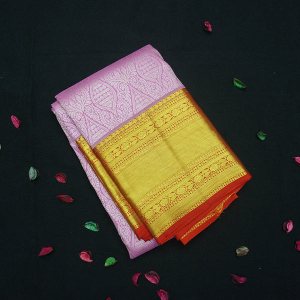 Baby Pink Traditional Kanchipuram Silk Saree with Red Korvai Border