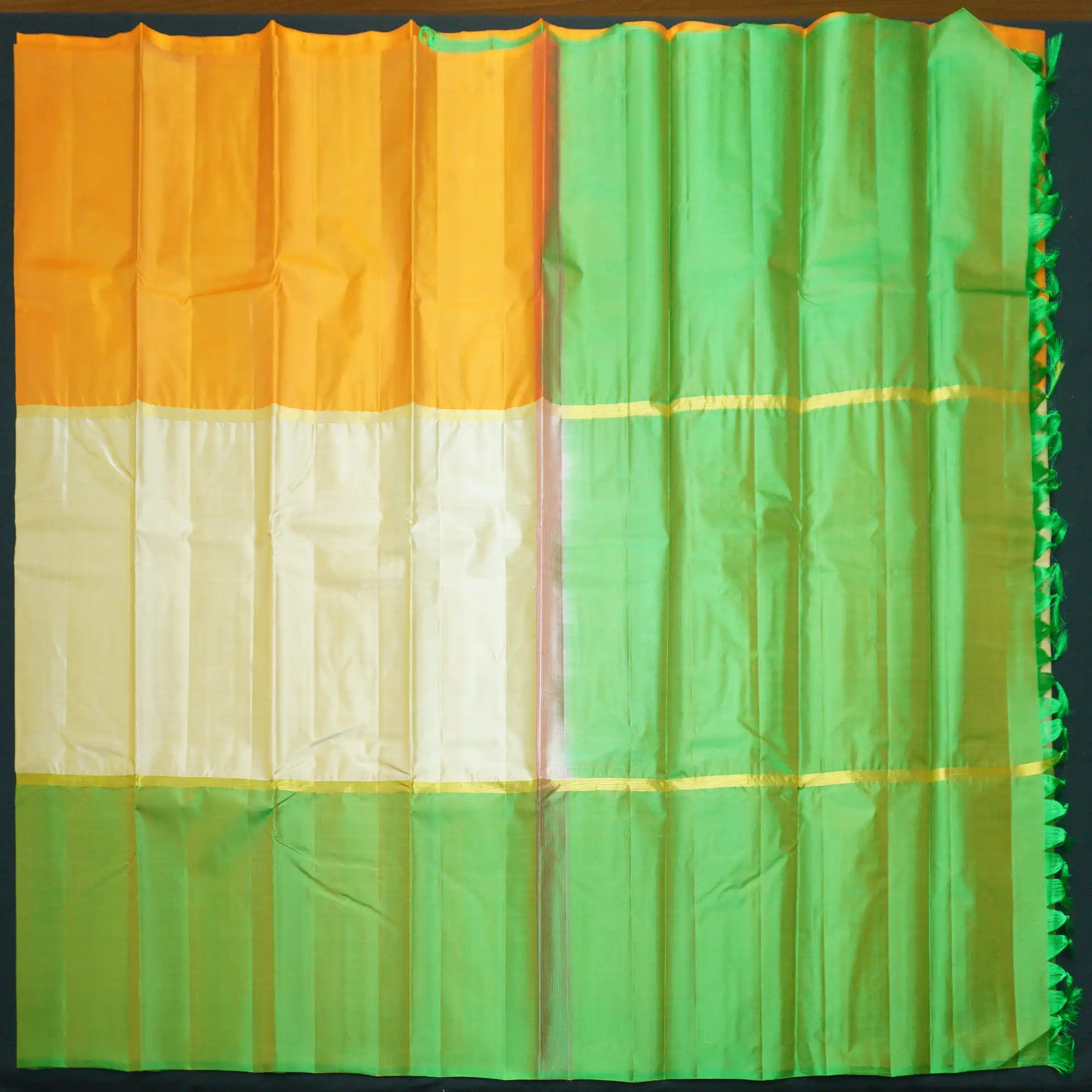 Half White Mubbagam Kanchipuram Silk Saree with Green and Orange