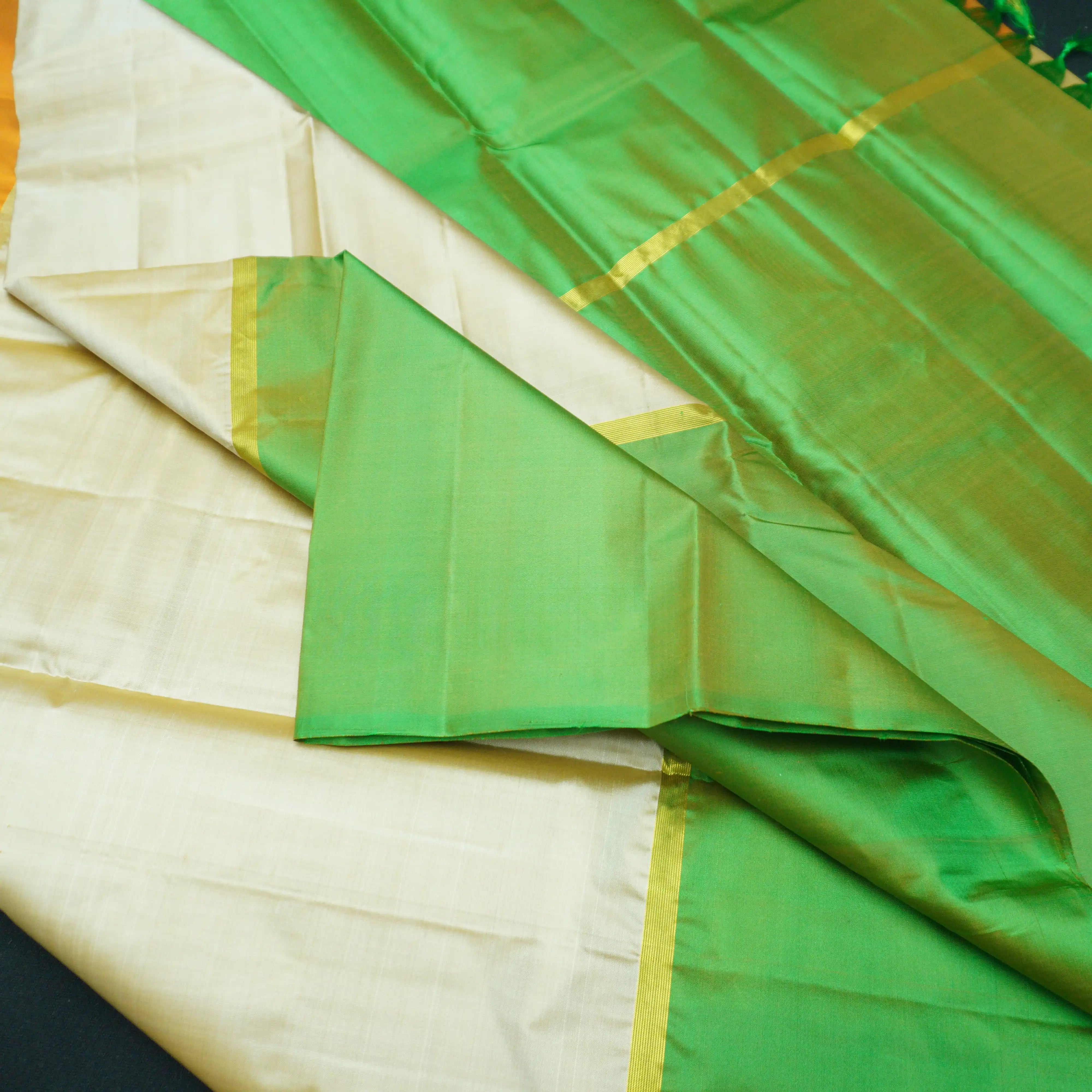 Half White Mubbagam Kanchipuram Silk Saree with Green and Orange