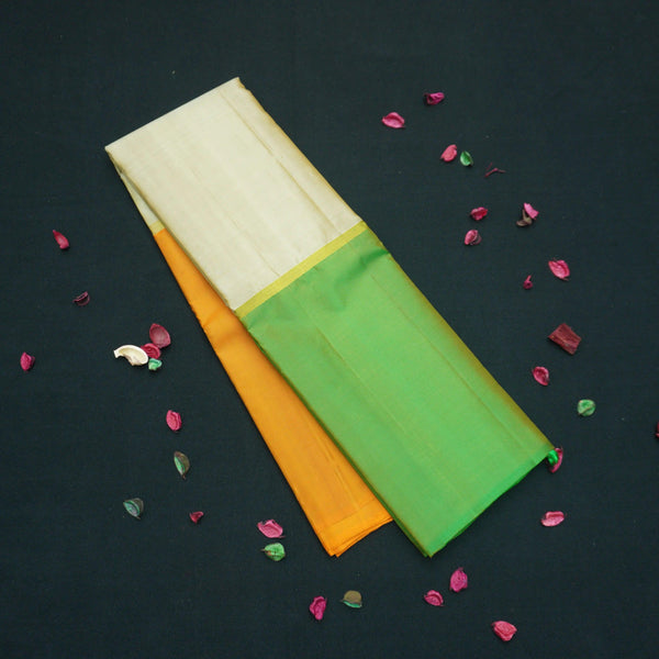 Half White Mubbagam Kanchipuram Silk Saree with Green and Orange Accents