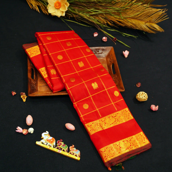 Chili Red Veldhari Kattam with Annam & Rudraksham, Retta Pettu Border
