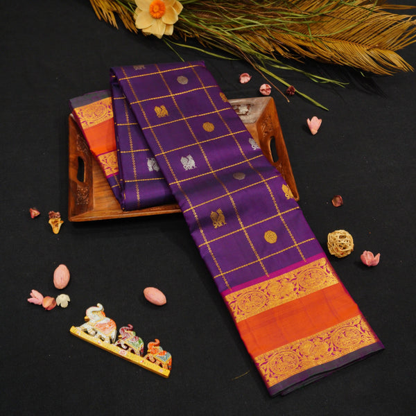 Purple Veldhari Kattam with Annam & Rudraksham Butta in gold and silver zari, Orange Retta Pettu Border