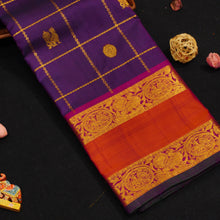 Load image into Gallery viewer, Purple Veldhari Kattam with Annam &amp; Rudraksham Butta in gold and silver zari, Orange Retta Pettu Border
