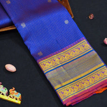 Load image into Gallery viewer, 
MS Blue with Zari Lines &amp; Small Peacock &amp; Coin Butta, Traditional Voilet Border
