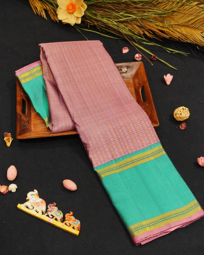 Blush Pink Pure Kanjivaram Silk Saree | Turquoise Korvai Border