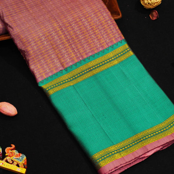 Blush Pastel Zari Kattam with Gold & Silver Zari Brocade Design, Turquoise blue Silk Thread Work Korvai Border