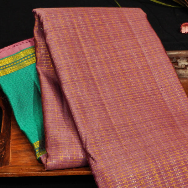 Blush Pastel Zari Kattam with Gold & Silver Zari Brocade Design, Turquoise blue Silk Thread Work Korvai Border