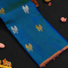 Peacock Blue Borderless Silk Saree with Twin Parrot Butta in Gold and Silver Zari