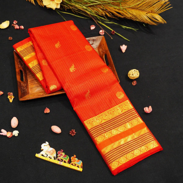 Chili Red Zari Kattam with Elephant and Round Peacock Butta, Multi Layered Traditional Designer Retta Pettu Border