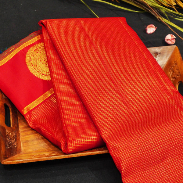 Chili Red Zari Kattam with Round Traditional Designer Peacock Butta in the Border