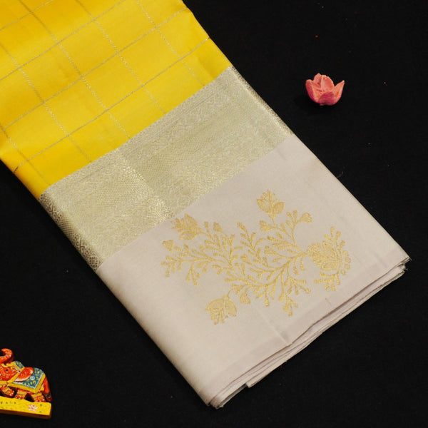 Sunshine Yellow with Silver Zari Kattam, Gray Border with Gold and Silver Fancy Butta Silk Saree