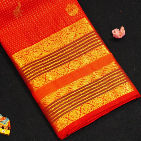Chili Red Zari Kattam with Elephant and Round Peacock Butta, Multi Layered Traditional Designer Retta Pettu Border