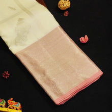Load image into Gallery viewer, 
Ivoy White with Silver Zari Kattam, Fancy Horse Meena Butta, Peach Colour Border in Silver Zari with Traditional Design
