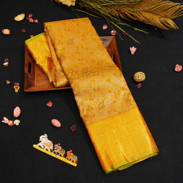 Golden Yellow Bridal Kanchipuram Tissue Silk Saree, Silver and Gold Zari Floral Designer Jacquard body design